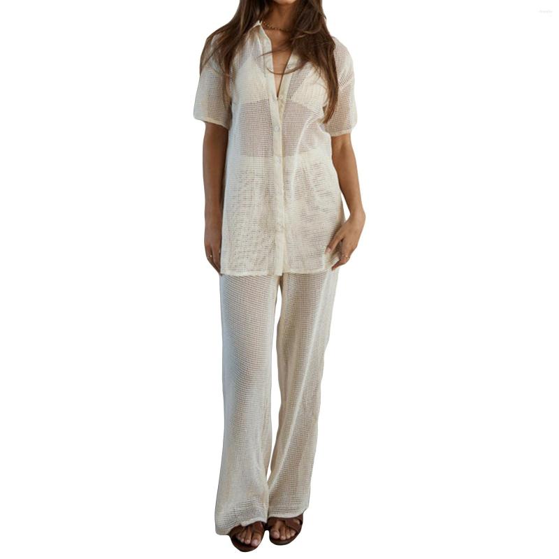 

Women' Two Piece Pants Women Summer 2 Pieces Clothes Outfits Solid Color Hollow-Out Turn-Down Collar Short Sleeve Shirts And Wide-Leg Set