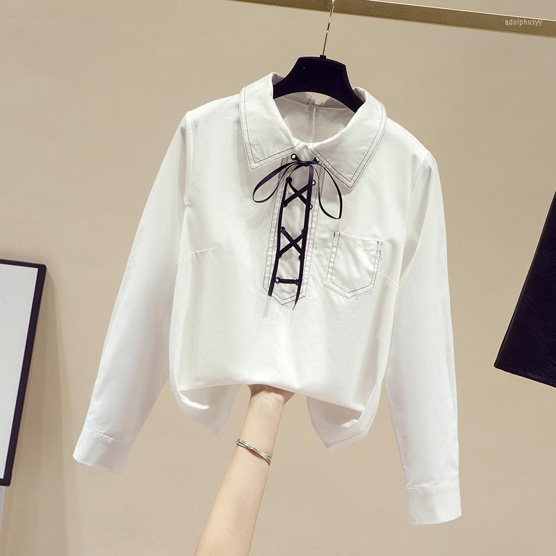 

Women' Blouses Women 2023 Spring And Autumn Lapel Bow POLO Tie Shirt College Style White Bottoming Top Blusas Clothing