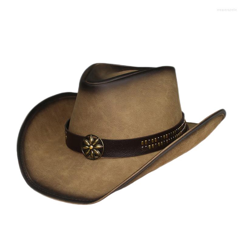 

Berets Unisex Women Men Retro Sun Flower Band PU Leather Roll Up Wide Brim Sombrero Cap Beach Cowboy Cowgirl Western Hat Adjustable, No.5khaki black brim