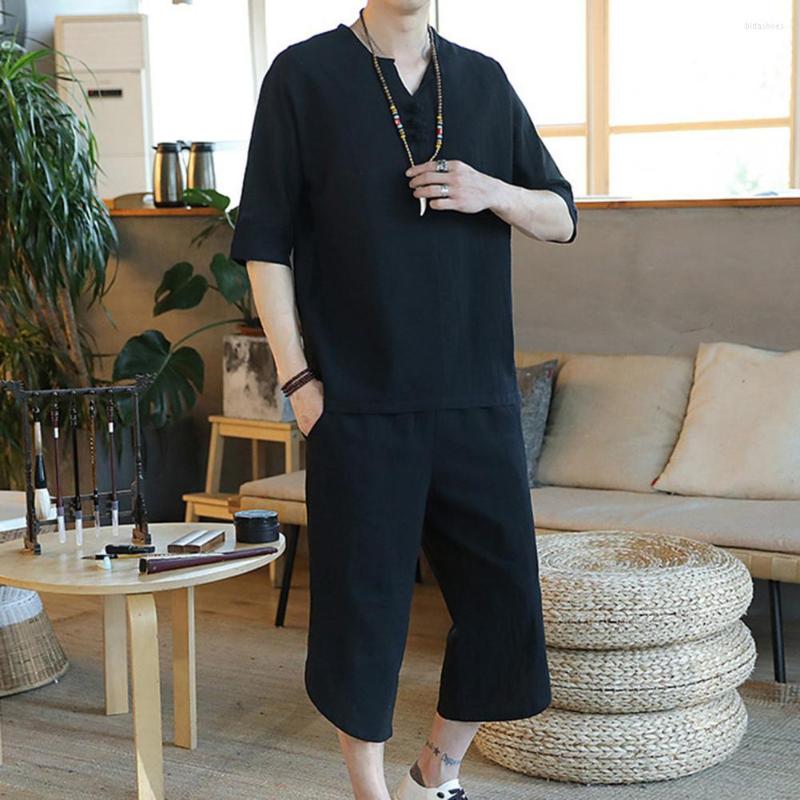 

Men's Tracksuits 1 Set Fashion Top Pants Breathable T-shirt Suit Solid Color Loose Summer Casual Wear, Black