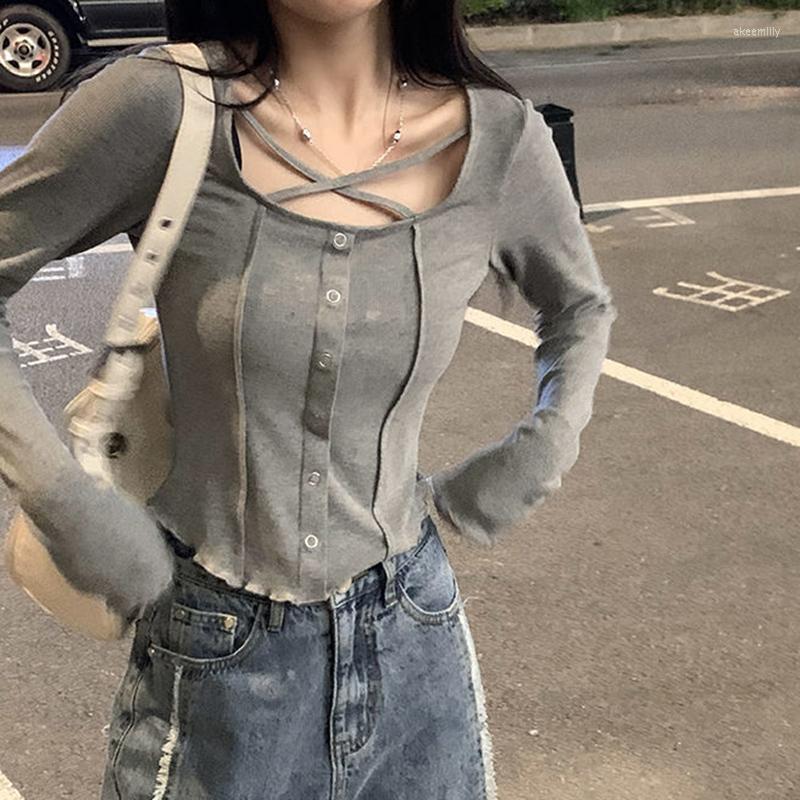 

Women's Blouses Rimocy Y2K Solid Long Sleeved Shirt Women 2023 Spring Button Knitted Crop Tops Woman Streetwear Hollow Out Slim Fit Tee, Yellow