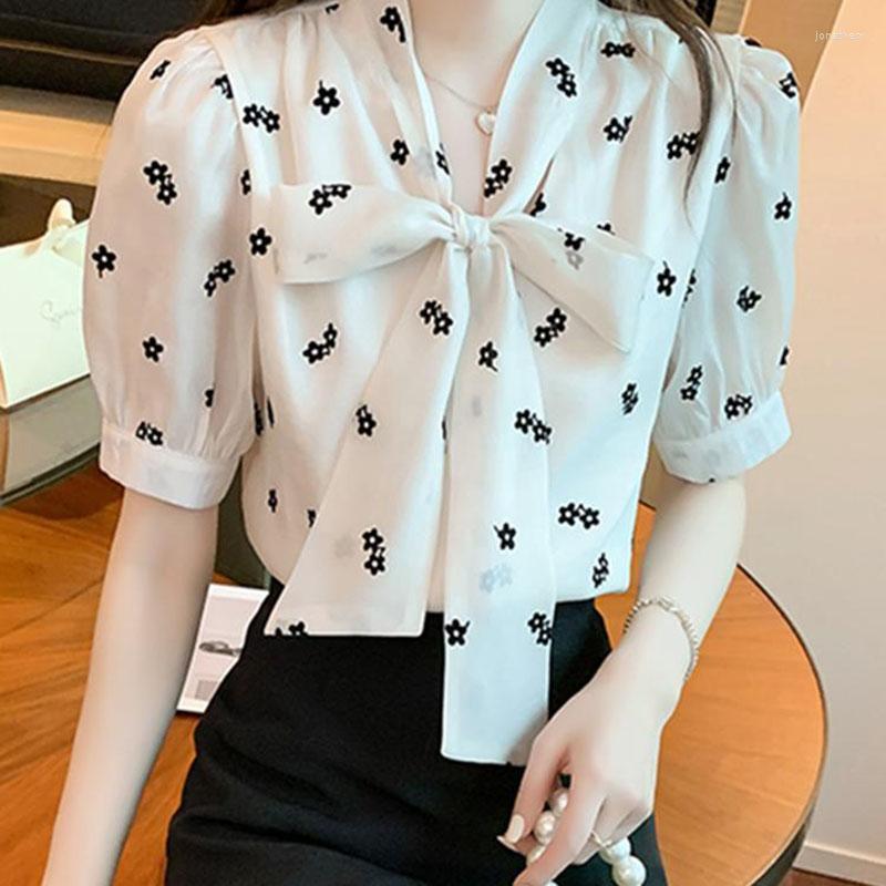 

Women's Blouses Fashion Printed Spliced Lace Up Bow Puff Sleeve Floral Shirt Women's Clothing 2023 Spring Summer Casual Tops Sweet, Apricot