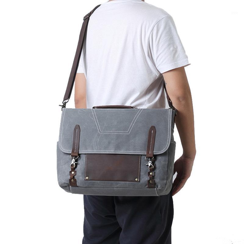 

Briefcases Oil Wax Canvas Waterproof Handbag Leather Stitching One-shoulder Diagonal Laptop Bag Fashion Men's, Gray