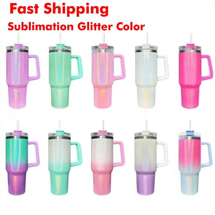 

40oz Sublimation Glitter Tumblers With Handle Blank DIY 304 Stainless Steel Insulated Coffee Cup Leak-proof Lid And Straw Travel Mug, White