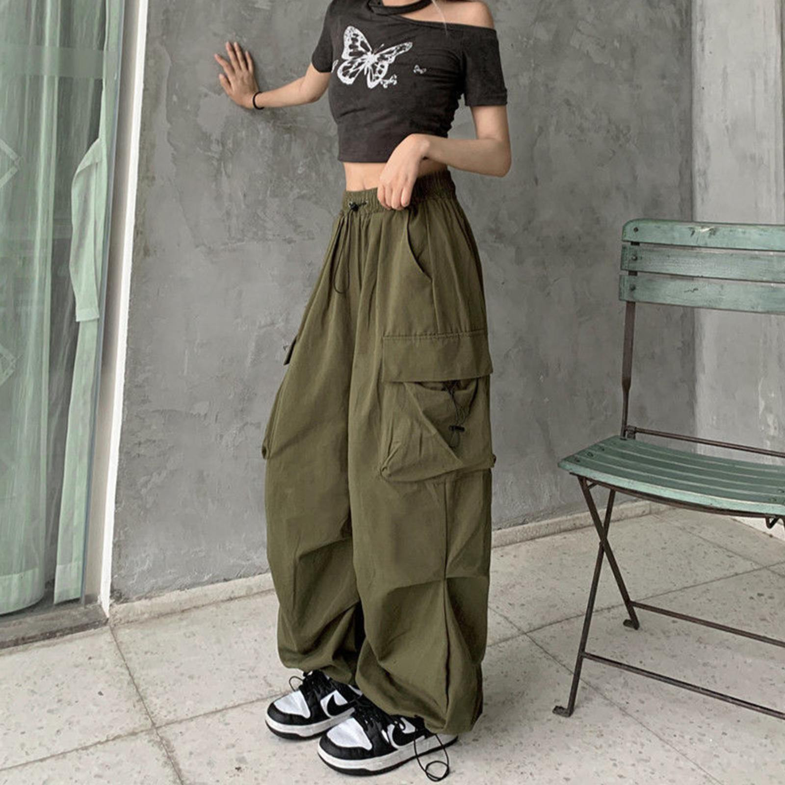 

Women' Pants  Ladies Baggy Cargo Streetwear Hip Hop Joggers Sweatpants Drawstring Casual Loose Wide Leg For Women 230419, Green-1