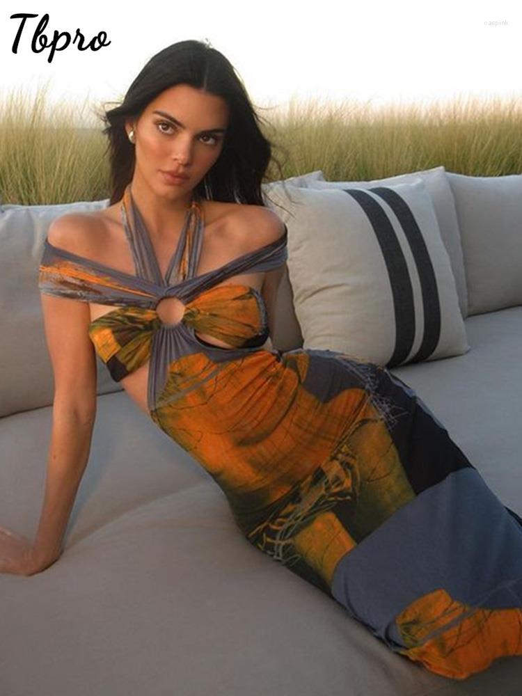 

Casual Dresses Summer Cut Out Retro Printed Halter Dress Women Sexy Off Shoulder Tie Dye 2023 Elegant Female Holiday Party Vestido, Print