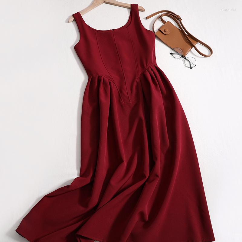 

Casual Dresses French Retro Spaghetti Strap Dress Spring Summer Women Square Neck A-Line Solid Pleated Elegant Simple Sleeveless Gown, Black