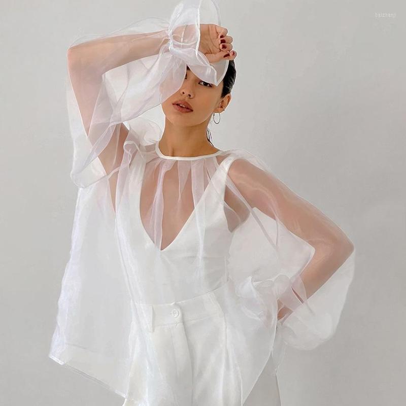 

Women' Blouses 2023 Spring Summer Hollow Out Loose Solid O-Neck Blouse Women Party Sexy Puff Sleeve Tops See Through Female Lace-Up, Black