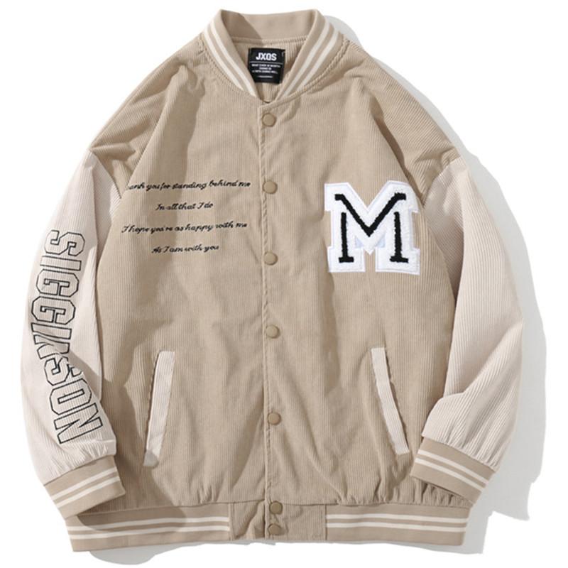 

Men's Jackets 2023 Hip Hop Corduroy Jacket Letter Embroidery Patchwork Baseball Coat Harajuku Casual College Oversized Winter Mens, Khaki