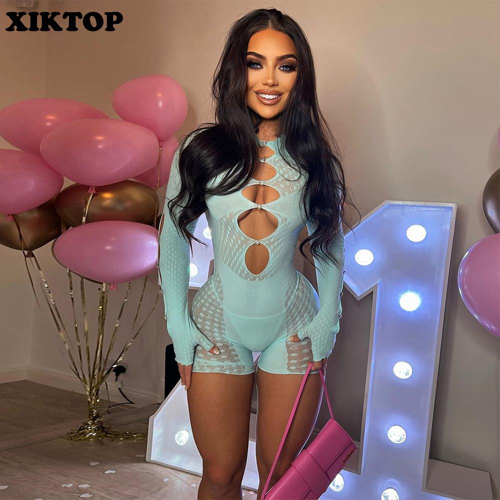 

Women  Jumpsuits Rompers XIKTOP Spliced Short Jumpsuit Women Summer Sexy Hollow Out Ovealls Y2K Perspective Slim Street 230420, Black