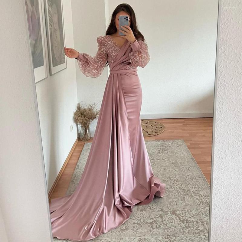 

Party Dresses Pink Prom Glitter V-neck Long Evening Dress Puff Sleeve High Slit Saudi Arabia Dubai Floor-Length Cocktail Gown, Picture color