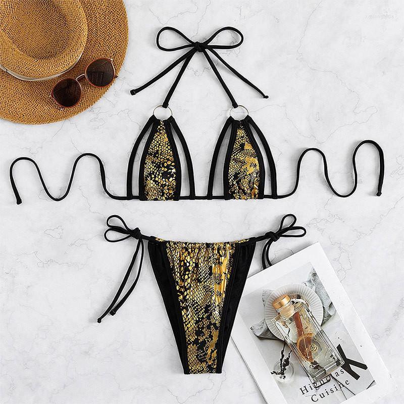 

Women' Swimwear Snake Print String Halter Micro Thong Bikinis Set Swimsuit Sexy Swimming Suit For Women 2023 Bikini Mujer Biquinis, Black