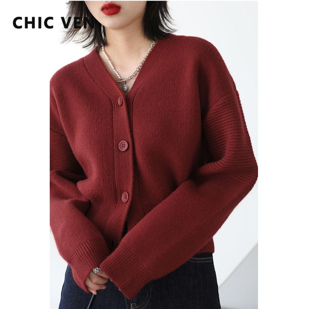

Sweaters CHIC VEN KOREAN FASHION WOMEN'S SWEATER WINE RED CONTRACTED SHORT V COLLAR LONG SLEEVE WOOL CARDIGAN FOR WOMEN TOP AUTUMN WINTER