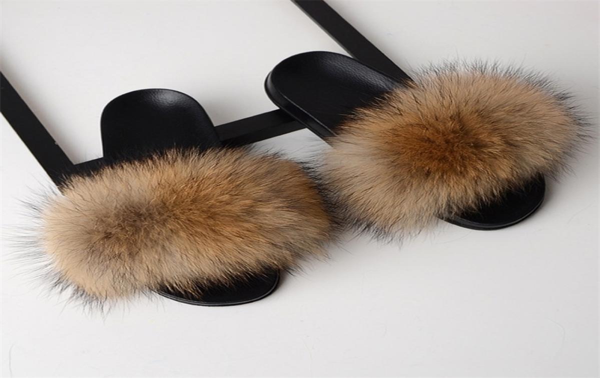 

High Quality Real Fox Hair Slippers Plush Furry Real Fur Slippers Summer Flat Slides Women Flip Flops Ladies Sandals Shoes 2103106258125, Black