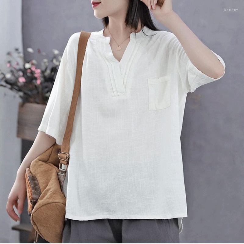 

Women' Blouses Women Retro Summer V-Neck Cotton Linen Blouse Ladies Tops Casual Solid White Yellow Blue Slim Short Sleeve