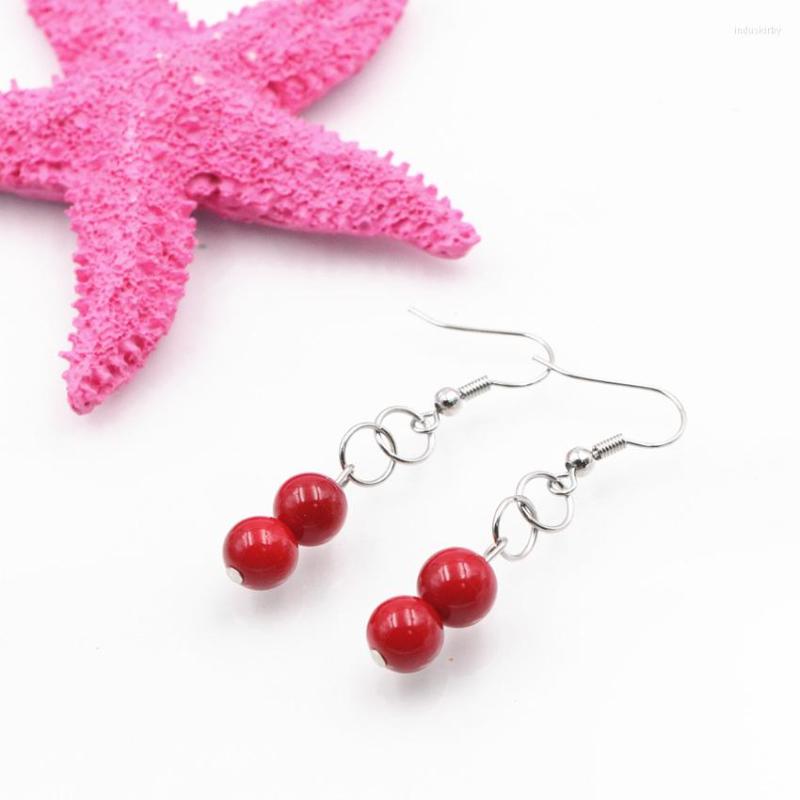 

Dangle Earrings Ethnic Style Earring For Women 8mm Red Artificial Coral Drop Long Fashion Wedding Party Jewelry Eardrop A661