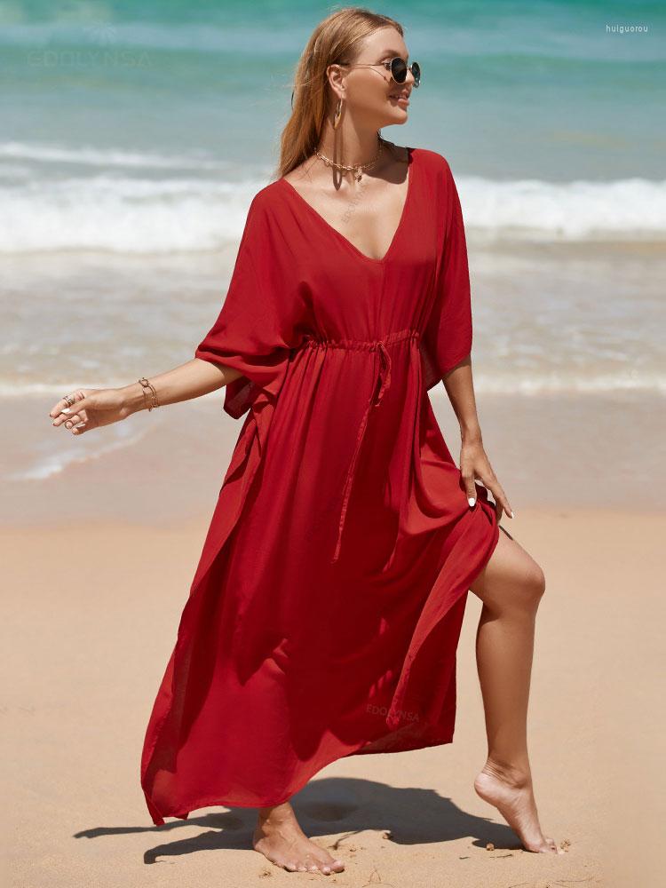 

Women's Swimwear EDOLYNSA Loose V-neck Half Sleeve Lace-up Beach Maxi Dress Casual Solid Long Kaftan Summer Clothes Women Swimsuit Cover Up, Red