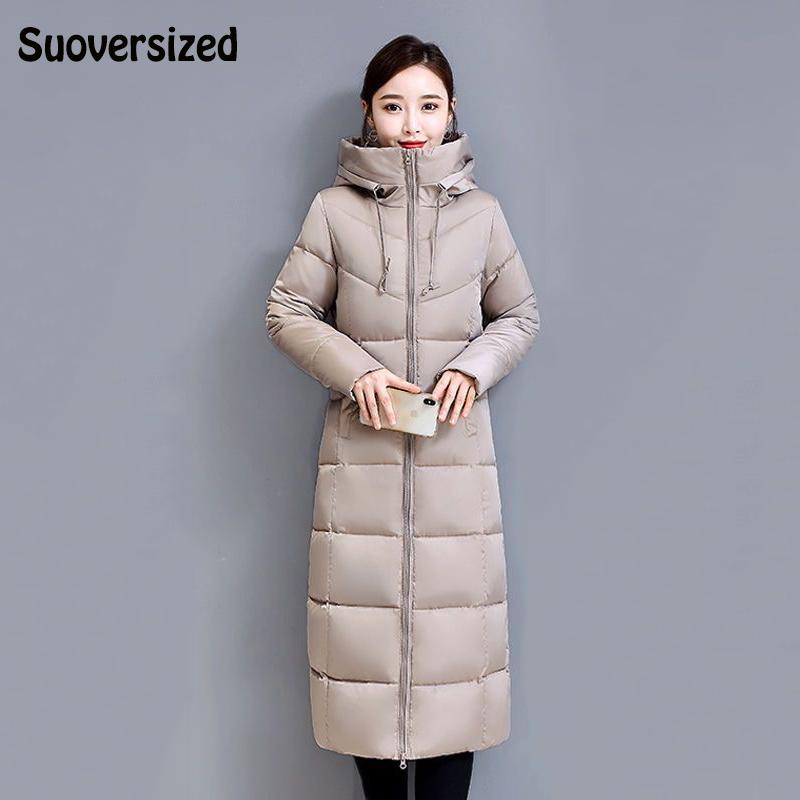 

Leather Oversized 6XL Slim Hooded Thicken Mid Length Parkas Korean Long Sleeve Winter Coat Elegant Warm Cotton Padded Women Jackets, Black