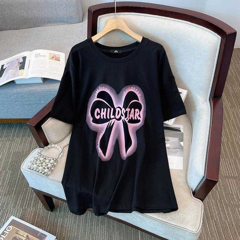 

Dress Plus Size Womens Bow T Shirt Print Cotton Short Sleeve High Sense Long Summer, Black