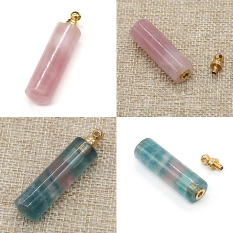 

Pendant Necklaces Natural Stone Crystal Agates Perfume Bottle Column Shape Rose Pink Quartz Essential Oil Vial DIY Necklace Jewelry Making