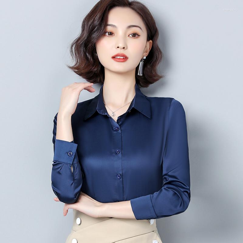 

Women' Blouses High Quality Shirts For Women Silk Blouse Solid Color Long Sleeved Slim Womens Tops And Clothes, Yellow