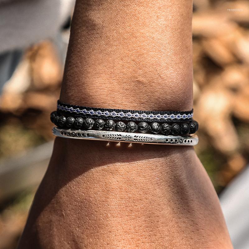 

Strand Bohemia Natural Volcanic Stone Beads Men's Bracelets Silver Color Feather Simplicity Bracelet Tibetan Lucky Knot Rope Jewelry