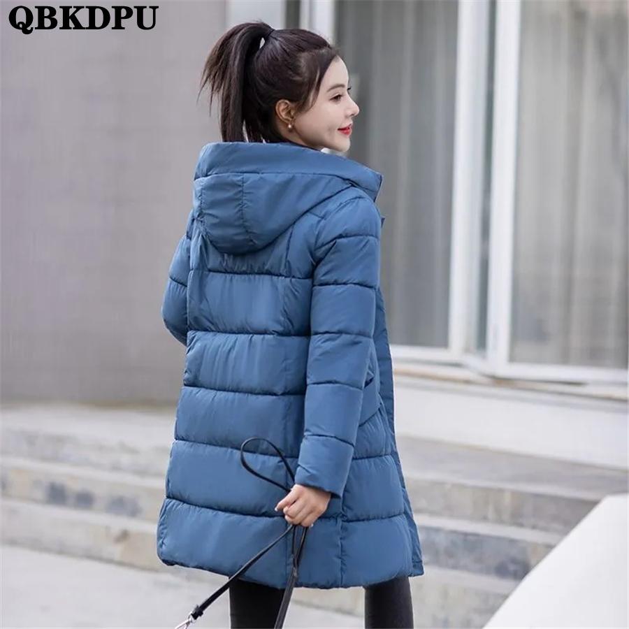 

Leather Midlength Hooded Cotton Padded Thicken Winter Coat Women Basic Solid Overcoat Warm Outwear Top Oversized 4XL Snow Wear Parkas, Blue