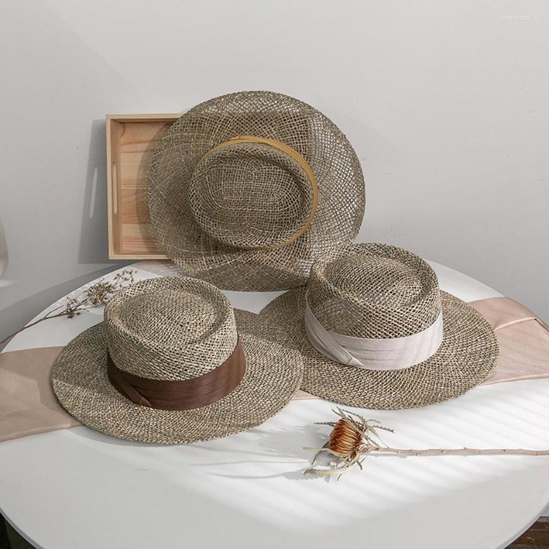 

Berets Fashion Summer Women Wide Brim Seagrass Straw Hat Handmade Lady Sun Hats With Colorful Ribbon Flat Top Boater Panama Beach Cap, F0218-6
