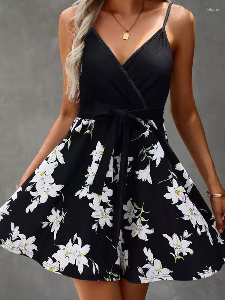

Casual Dresses Floral Wrap Spaghetti Strap Mini Dress Summer Vestidos Elegantes Para Mujer For Women 2023 Robe Femme, Picture shown