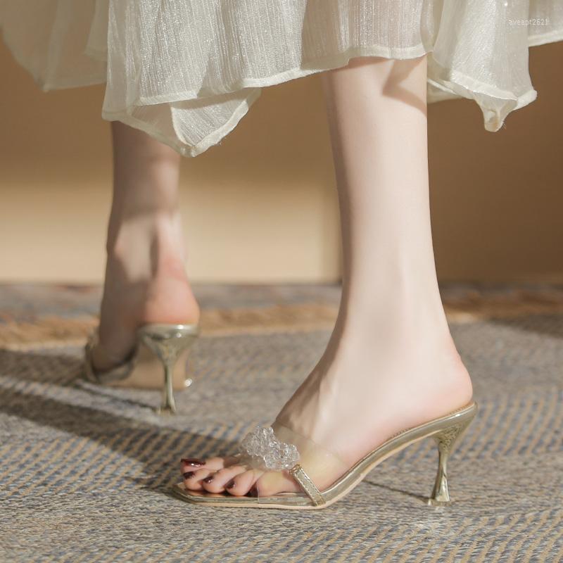 

Sandals Designer PVC Transparent Slippers Women Perspex High Heels Summer Party Ladies Clear Band Crystal Flowers Shoes Plus, Silver
