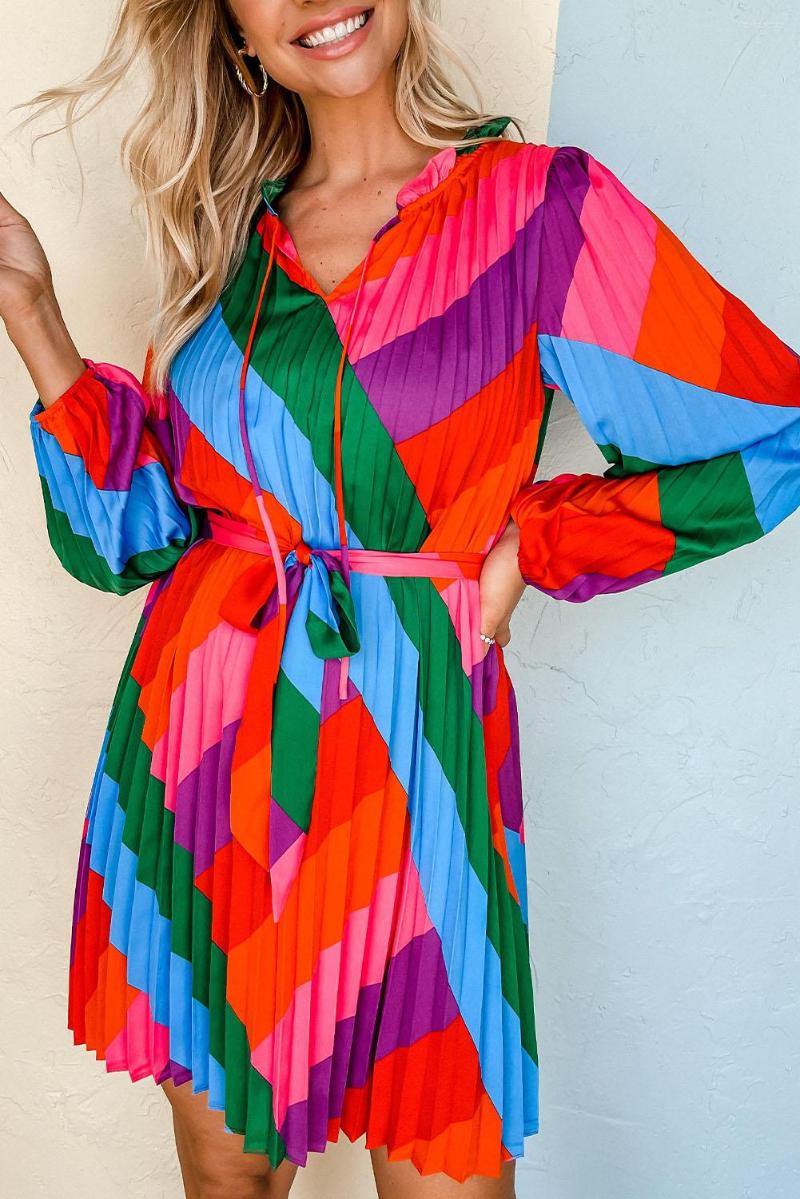 

Casual Dresses Multicolor Color Block Pleated Lace-up High Waist Mini Dress For Women, As shown