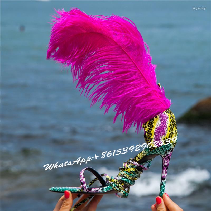 

Sandals Women Crystal Fringe Colorful Feather Cross Strap Heels Slingback Shallow String Bead Hollow Sandal Lace Silk Pointed Toe Shoes, Picture shown