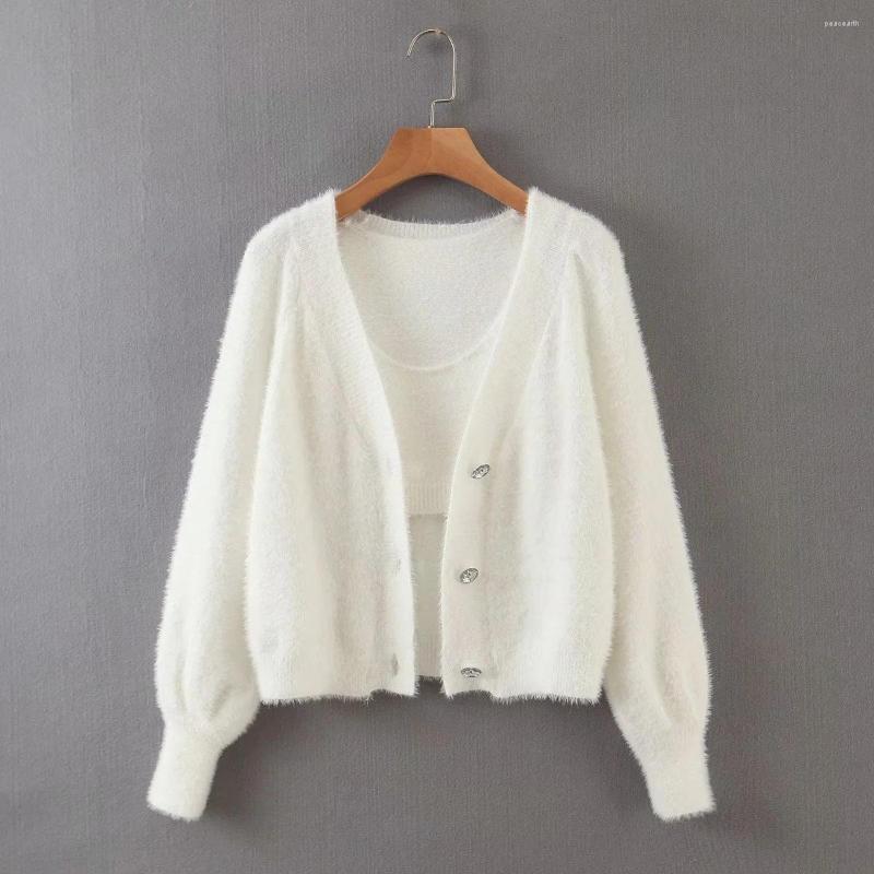 

Women' Knits 2023 Women Autumn Spring Coats White Fleece Knit Cardigan Vest Jumper Lady Fashion Solid V-Neck Knitted Jacket -L