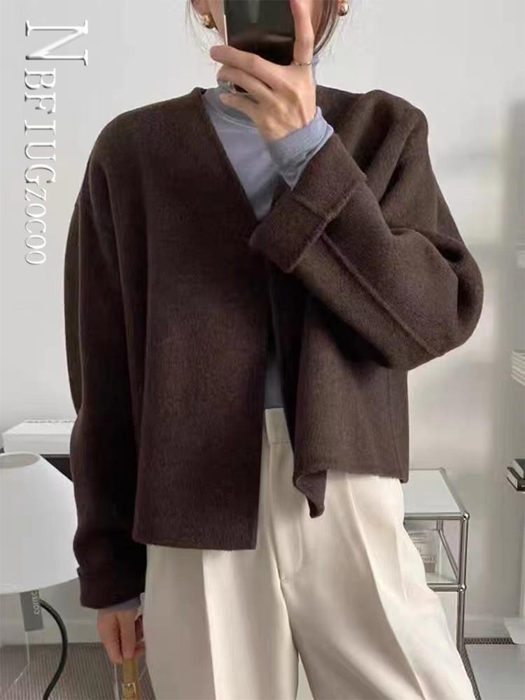 

Fur 2022 New Fashion Temperament Women Woolen Coat V Neck Short Style Female Jacket
