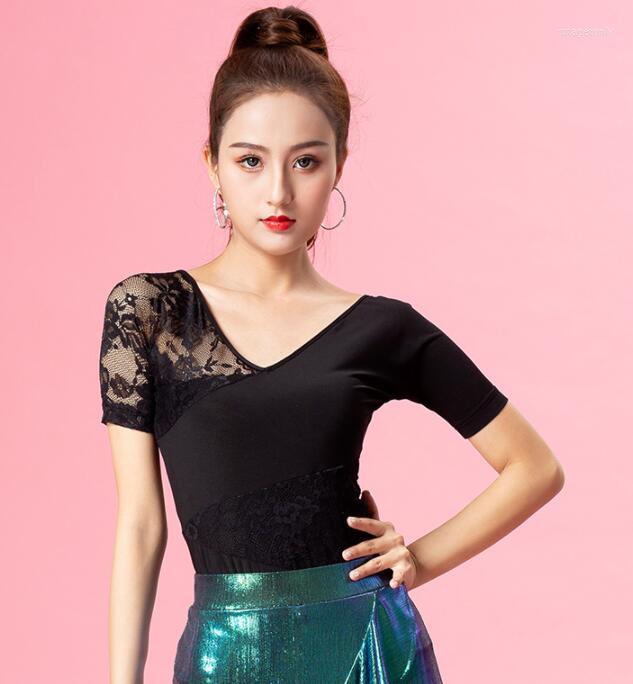 

Stage Wear 2023 Sexy Short Sleeve Dance Clothes Women Latin Salsa Rumba Chacha Performance Practice Costume YT0302, Black