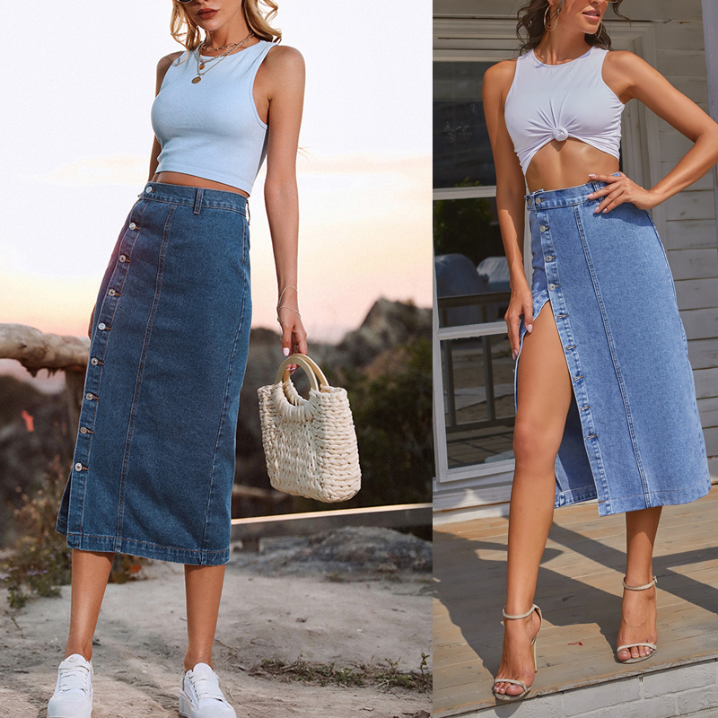 

Skirt Front Longline Denim Skirt Button Retro Long Girls High Waist Split Jeans Shorts Straight Maxi Dresses 230420, Fx30291-light blue