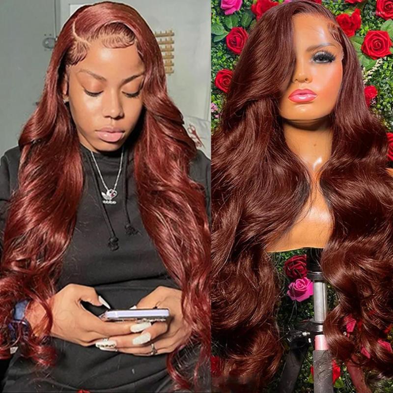 

34Inch Reddish Brown Lace Front Wigs 13x4 HD Transparent Body Wave Human Hair Colored Wavy Frontal, 13x4 hd lace wig