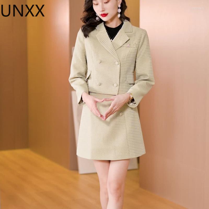 

Two Piece Dress UNXX Vintage Blazer Skirt Set Women Solid Elegant Casual Mini Suit Female Korean Style Button Designer, Beige
