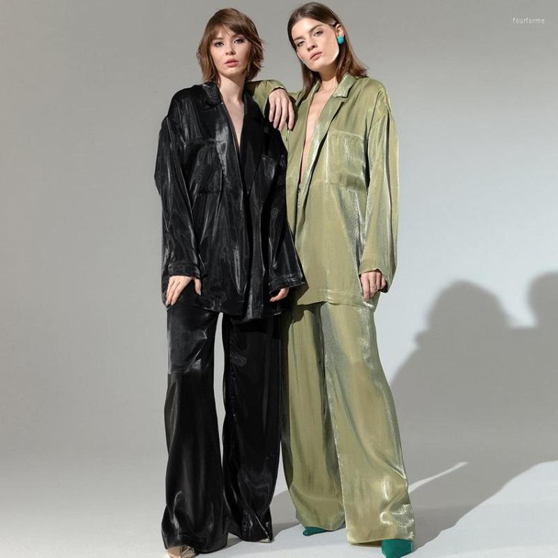 

Women's Two Piece Pants 2023 Women's Suits Fashion Satin Green Loose 2 Pieces Sets Comfy Jacket And Wide Leg Female Trousers For Women, Blue