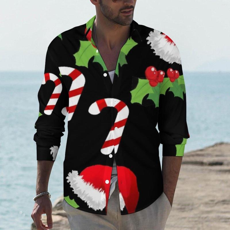 

Men's Casual Shirts Christmas Hat Print Shirt Spring Cartoon Men Retro Blouses Long Sleeve Graphic Street Top Plus Size, Style-3