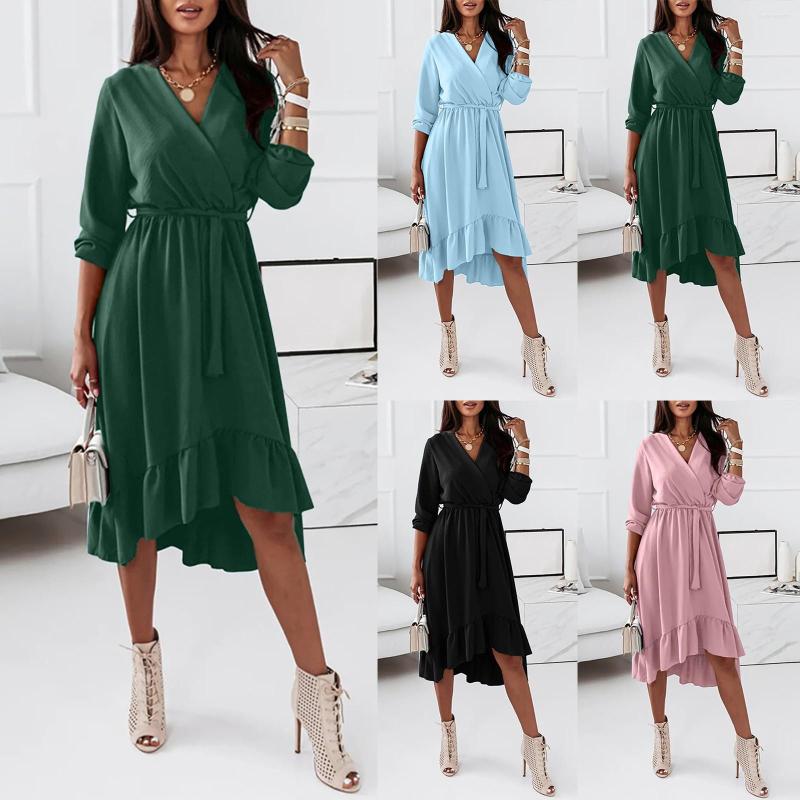 

Casual Dresses Womens Long Sleeve Wrap V Neck Ruffle Midi Dress With Belt, Blue