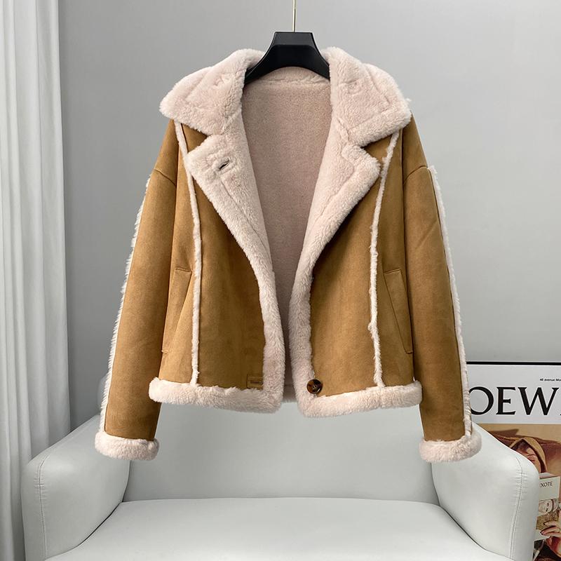 

Fur 2022 New Style Genuine Wool Jackets Lady Wool Shearling Autumn Winter Vintage Coat Lamb Fur Merino Sheep Thick Warm Suede Coats, Brown