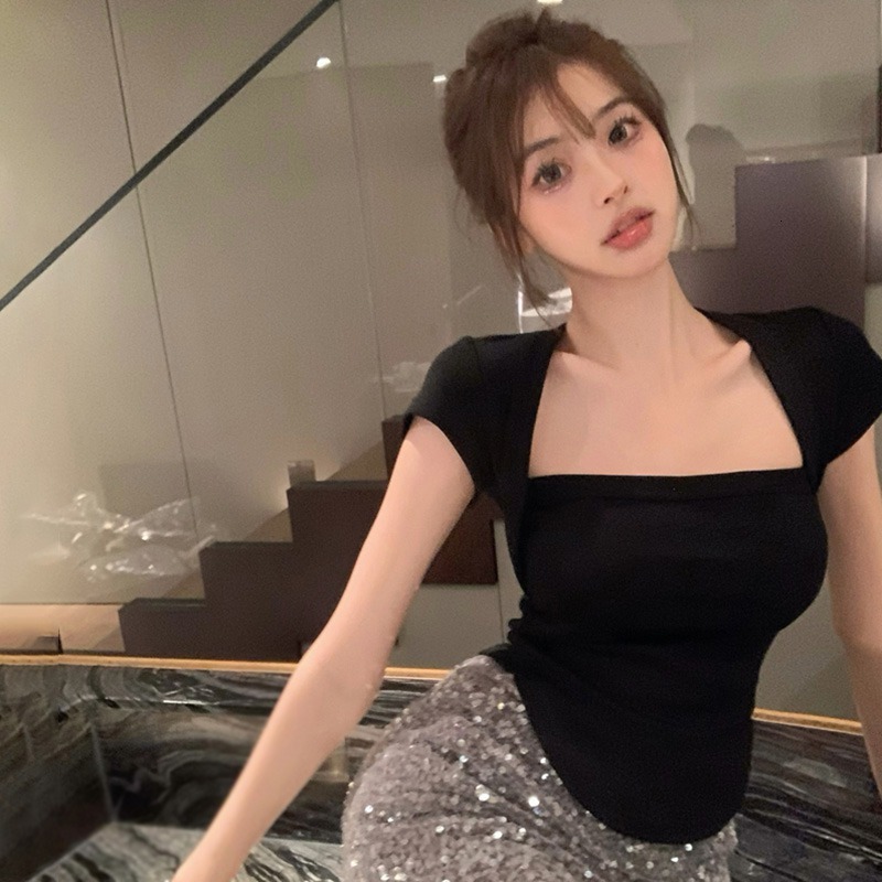 

Women' T-Shirt Womens Sexy t-shirts Summer Korean style Square neck short sleeve Slim tops womens Sexy t-shirts womens tee shirt femme 230419, Khaki