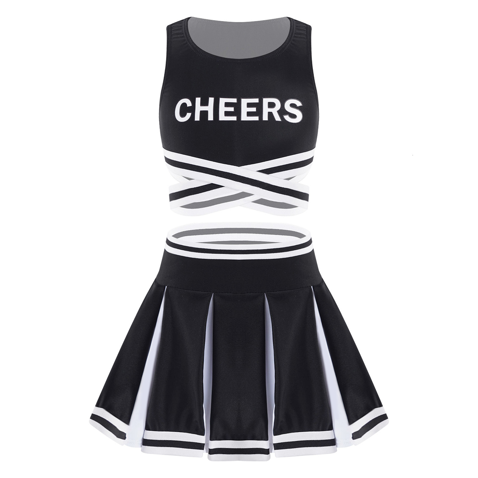 

Cheerleading 2Pcs Kids Girls Cheerleader Uniform Cheerleading Dance Outfit Sleeveless Cheers Print Crisscross Sash Vest and Pleated Skirt Set 230420