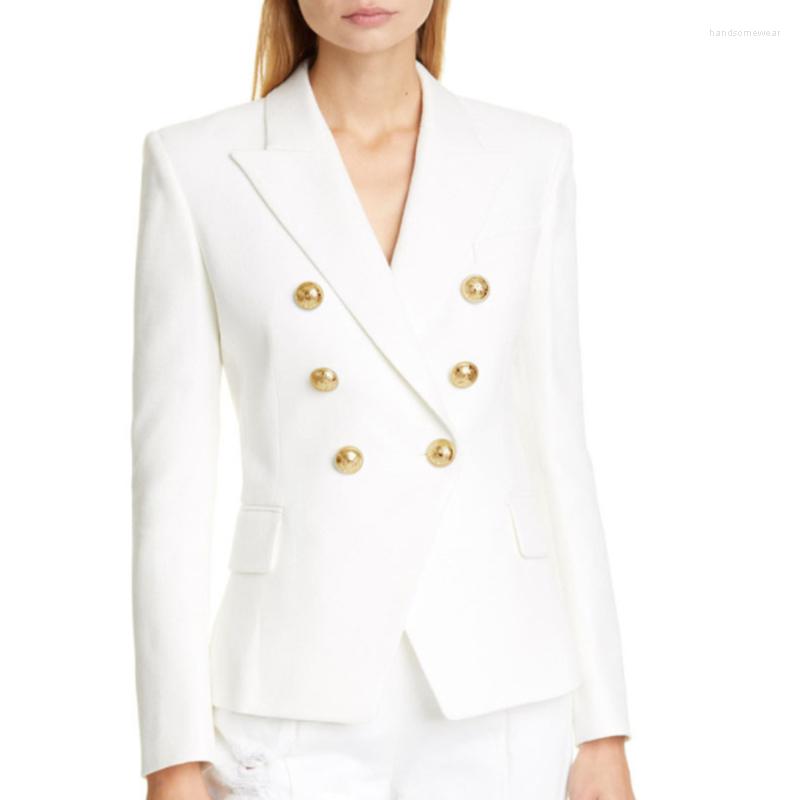 

White Blazer Women Slim Elegant Blazers Jacket Woman Fitting Metal Lion Buttons Double Breasted Blazers Femme, Black