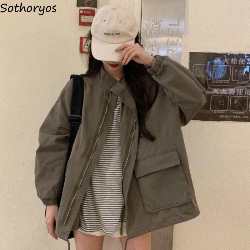

Raincoats Trench Women Spring Popular2XL Loose Solid Trendy Casual Ins Korean Style Cargo Simple Allmatch Outwear Womens Coats Chic BF, Army green