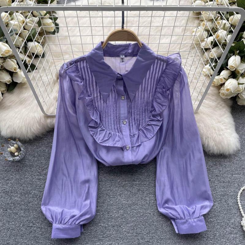 

Women's Blouses French Vintage Long Sleeve Shirt Women's Summer Fashion Loose Slim Single Breasted Casual Tops Blouse Camisa Feminina, Lavender