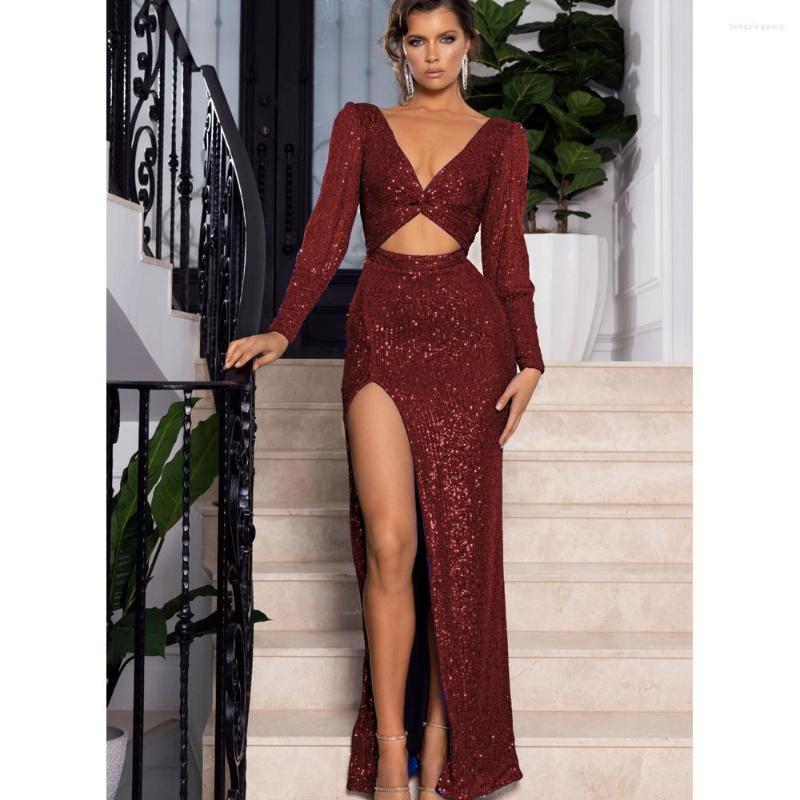 

Casual Dresses Wepbel Long Sleeve Banquet Evening Hollow Out Sexy Bodycon Dress Women V-neck Sequined High Waist Split Party, Champagne
