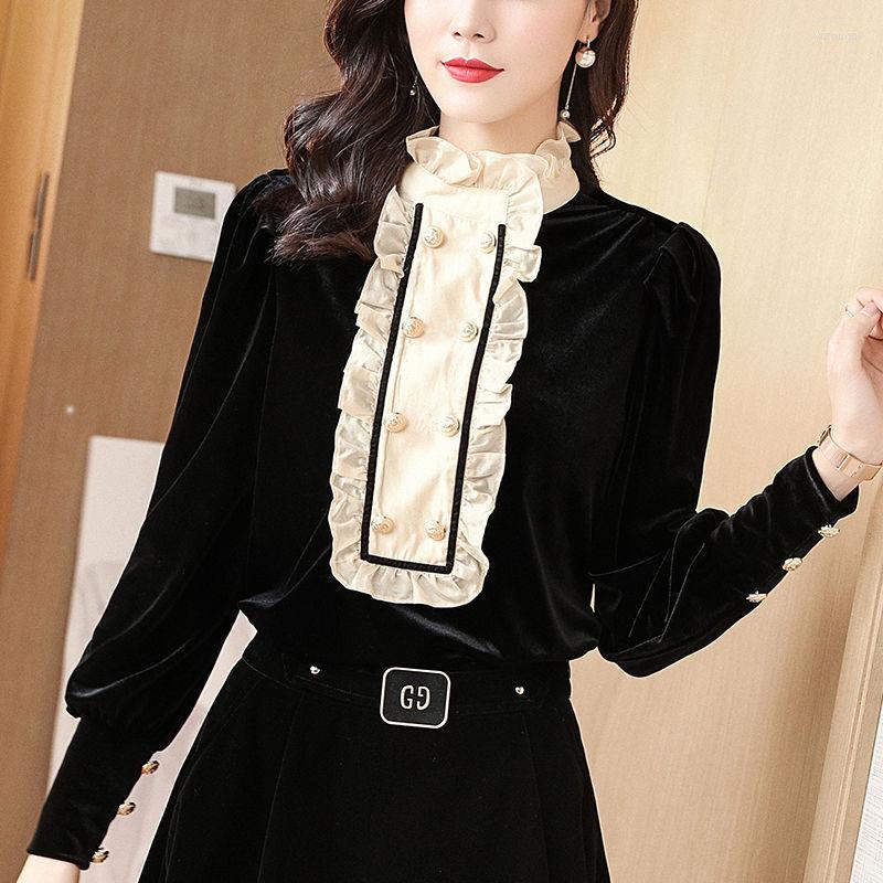 

Women's Blouses Elegant Stand Collar Spliced Button Ruffles Blouse Women's Clothing 2023 Spring Casual Pullovers All-match Office Lady, Black
