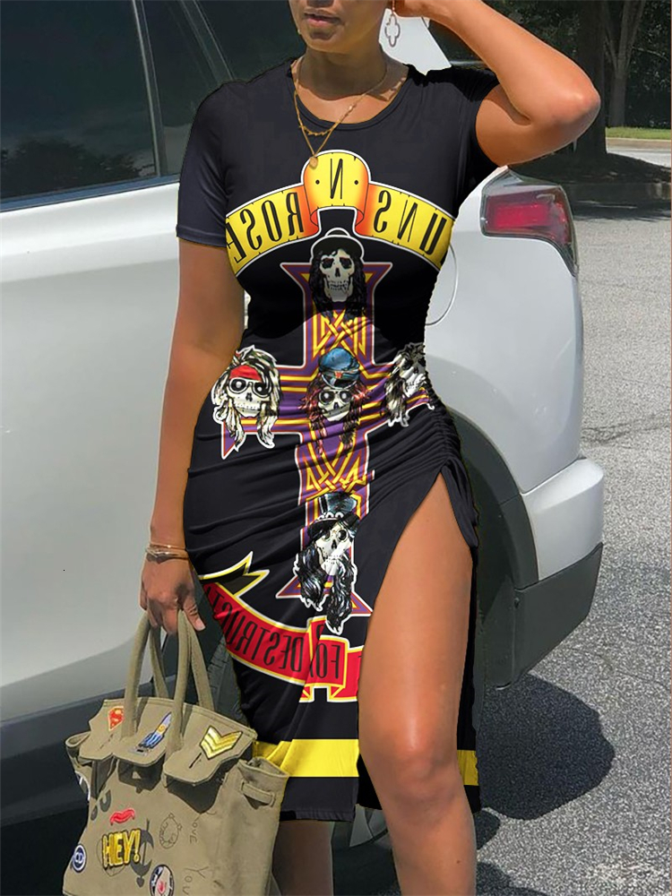 

Casual Dresses Halloween Skull Print Drawstring Ruched Slit Bodycon Dress 230420, Lzq5133a